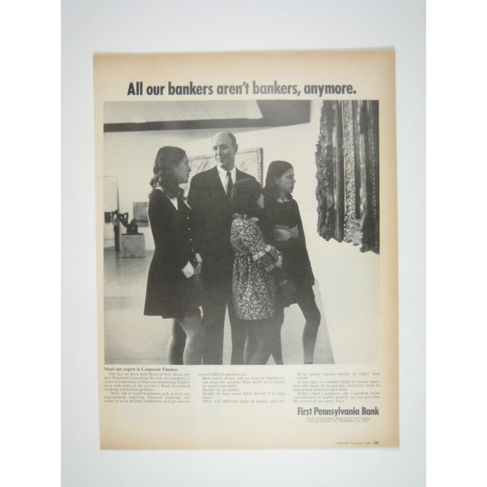 First Pennsylvania Bank Ad Bankers Anymore 1960s Vintage ADVERT Print Ad
